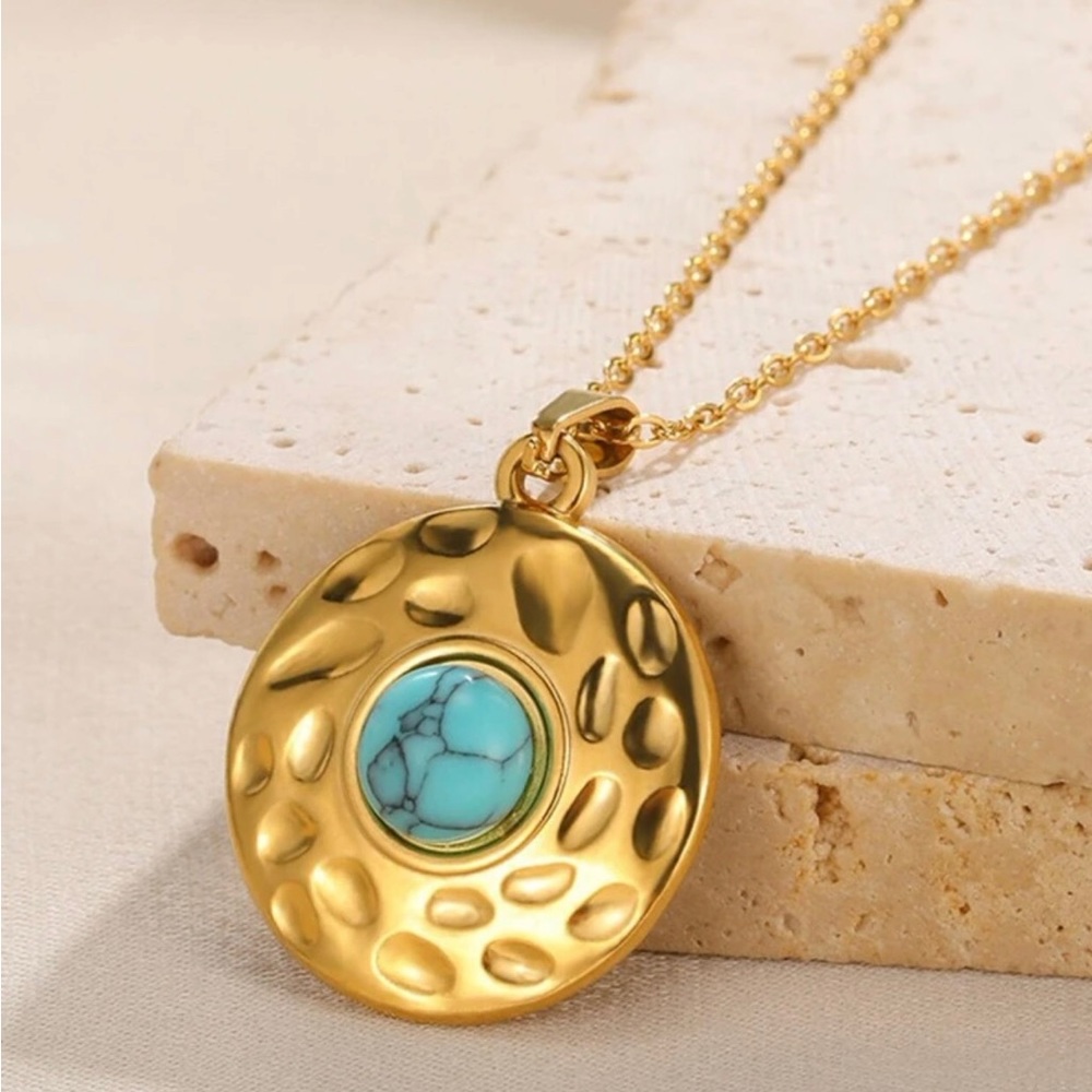 “Tibetan Turquoise Medallion” Blue Marbled Hammered Textured Gold Steel Necklace